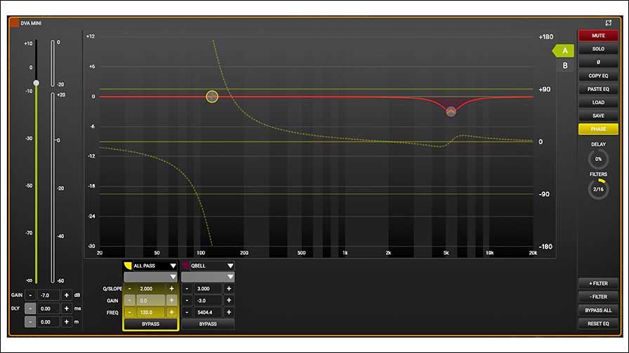 Screenshot der AuroraNet 2.0 Software: elektrische Phase und Allpass Filter.