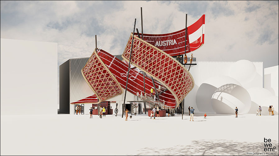 So soll es aussehen: Rendering des Österreichischen Pavillons auf der Expo 2025 (Rendering: BWM).