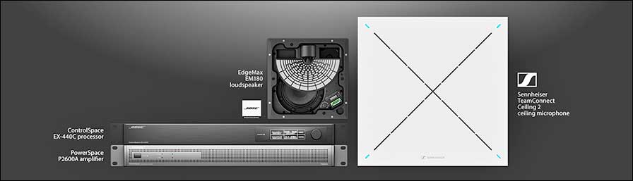 Die "Bose ES1 Ceiling Audio Solution" besteht aus dem Deckenmikrofon TeamConnect Ceiling 2 von Sennheiser und drei Produkten von Bose: dem Konferenz-DSP ControlSpace EX-440C, dem Deckenlautsprecher EdgeMax EM180 und dem Verstärker PowerSpace P2600A