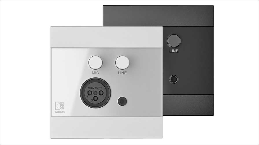 ARES5A von AUDAC: Kombination aus Stereo-Lautsprechersystem und Wandbedienfeldern zur Steuerung von Line-, Mikrofon- und Bluetooth-Signalen.