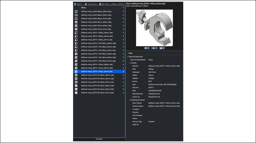 Global Truss erweitert seine Vectorworks-Library auf 1.032 Symbole: alle Traversensysteme und Coupler – auch nativ in Schwarz ...