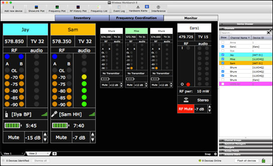 Monitoring-Interface mit Channel-Strip-Layout